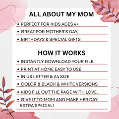 All About Mom Printable | Kids Mother's Day Keepsake Worksheet (Instant Download)