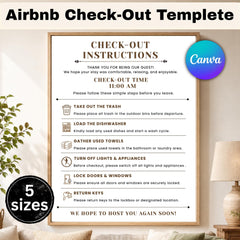 Airbnb Check-Out Sign Template | Editable Canva Printable | Guest Departure Instructions, VRBO Vacation Rental Sign