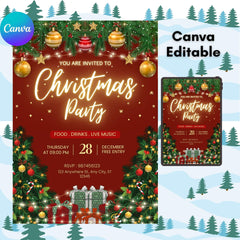 Red & Gold Christmas Party Invitation | 5x7 Canva Template (Digital Download)