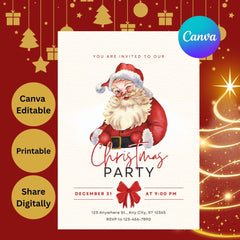 Santa Watercolor Christmas Party Invitation Template (5x7 Inch Digital Download)