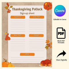 Editable Thanksgiving Potluck Sign-Up | Printable Buffet Planner PDF | Fall Holiday Meal Organizer | Digital Download