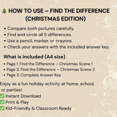 Christmas Find the Difference Printable | 2 Pages + Answer Key | Kids Holiday Activity