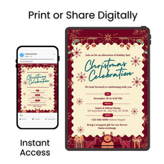 Editable Christmas Party Invitation Template | Burgundy and Gold (Digital Canva 5x7 Card)