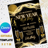New Year Party Invitation Template | Editable Canva NYE Invite | Black Gold Invitation | 5x7 Printable