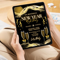 New Year Party Invitation Template | Editable Canva NYE Invite | Black Gold Invitation | 5x7 Printable