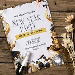 New Year Party Invitation Template |Beige Black Editable Canva Invite | 5x7 Printable