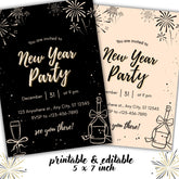 New Year Party Invitation Template | Editable & Printable 5x7 in | Black and Beige NYE Invite