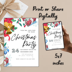 Printable Christmas Party Invitation Template, Digital 5x7 Holiday Invitation, Editable Xmas Invite, Instant Download
