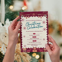 Editable Christmas Party Invitation Template | Burgundy and Gold (Digital Canva 5x7 Card)