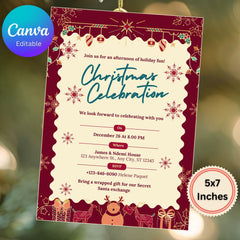 Editable Christmas Party Invitation Template | Burgundy and Gold (Digital Canva 5x7 Card)