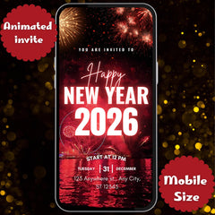 2026 Happy New Year Animated Video Invite | Red & Black Fireworks | Mobile Invite
