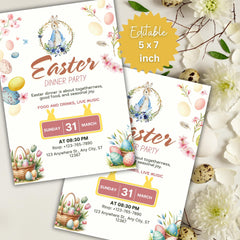 Easter Dinner Party Invitation | Spring Bunny, Floral Design (Editable Canva Template)