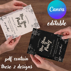 New Year Party Invitation Template | Editable & Printable 5x7 in | Black and Beige NYE Invite