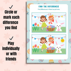 Easter Find the Differences Game Printable | Easter Activity for Kids | Spring Spot the Difference Puzzle PDF