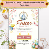 Easter Dinner Party Invitation | Spring Bunny, Floral Design (Editable Canva Template)