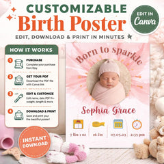 Newborn Birth Stats Artwork | Custom Baby Announcement Poster | Nursery Printable Gift | A4, A2, 8x10