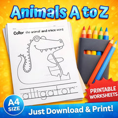 Animals A to Z Coloring and Tracing Worksheet (PDF Download) - Educational Activity for Kids