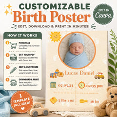 Baby Birth Info Print | New Born Announcement Poster | Nursery Digital Gift | A4, A2, 8x10