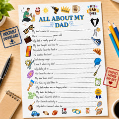 All About My Dad Printable | Father's Day Questionnaire for Kids | Dad Gift From Kids