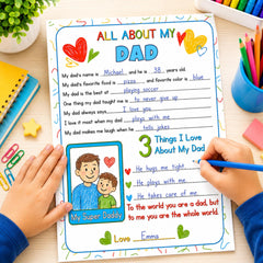 All About My Dad Printable | Fathers Day Questionnaire Card | Dad Gift From Kids