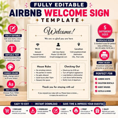 Airbnb Welcome Sign Template | Editable Canva Welcome Board, WiFi & House Rules Sign, VRBO Vacation Rental Printable Download