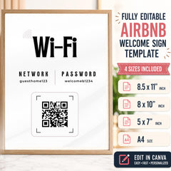 Airbnb WiFi Sign Template Bundle | Editable Canva WiFi Password Sign Set with QR Code | Printable Airbnb Welcome Sign