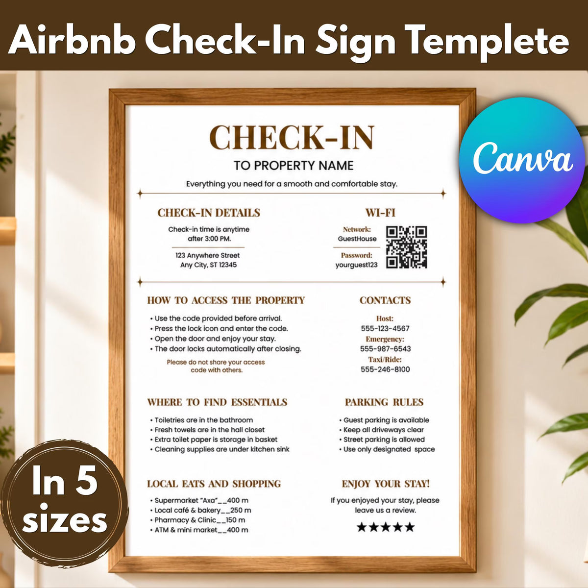 Airbnb Check-In Sign Template | Editable Canva Printable | Vacation Rental Guest Instructions | WiFi Sign | 5 Sizes PDF Download