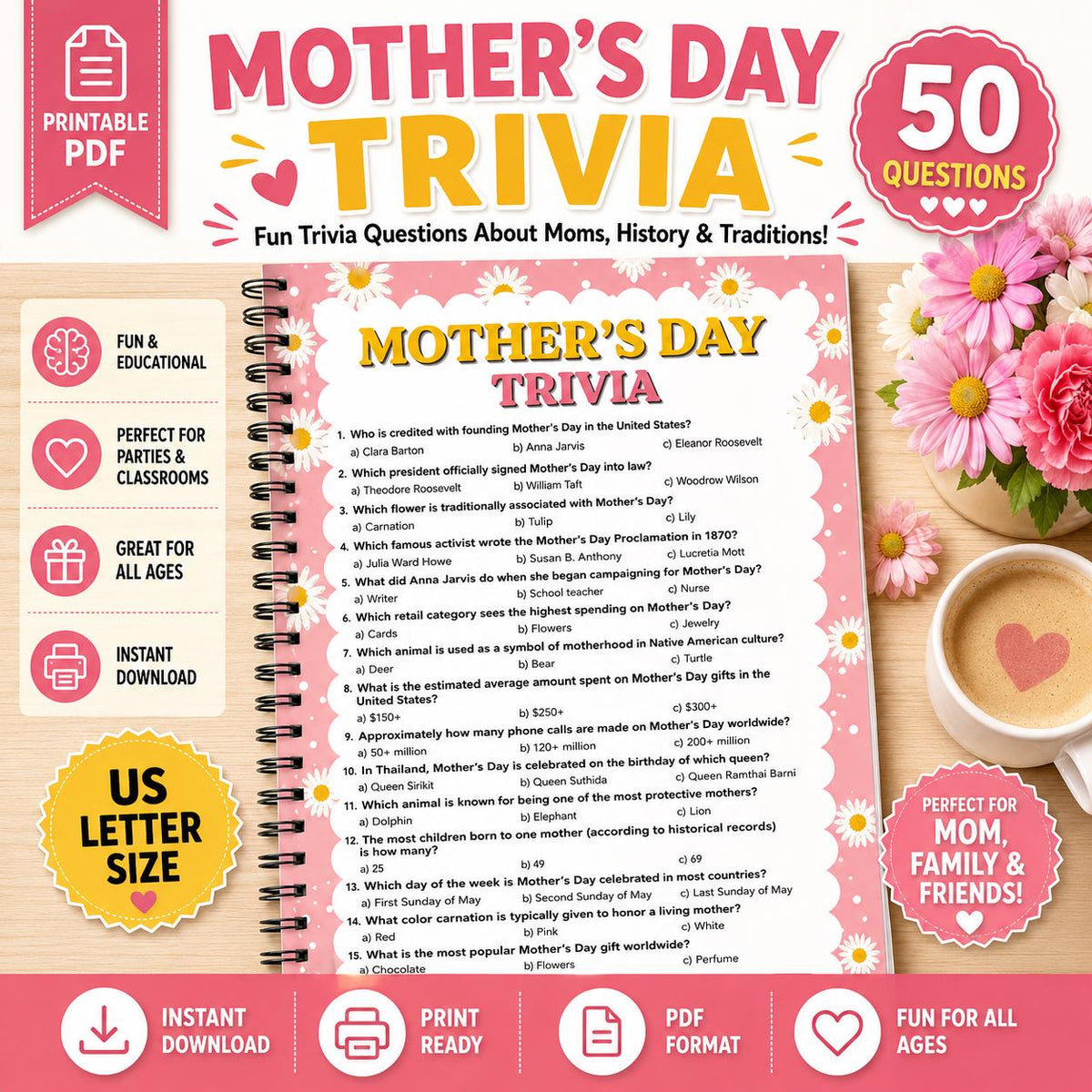 Mothers Day Trivia Printable Game | Family Party Activity & Kids Quiz Sheet A4 US Letter