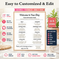 Airbnb Welcome Guide Sign Template | Editable Airbnb House Rules Poster | Short Term Rental WiFi Sign , 5 Sizes