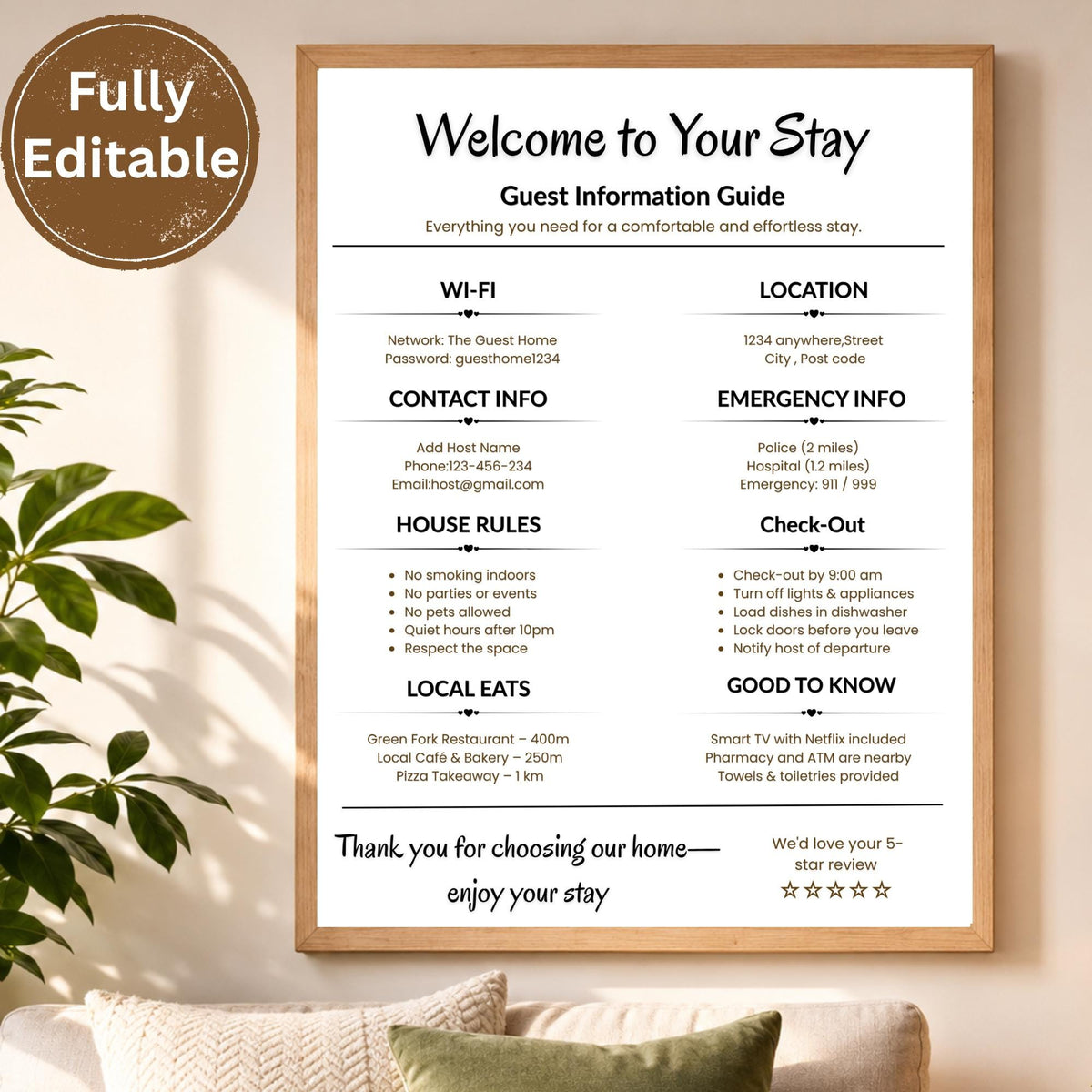 Airbnb Welcome Guide Sign Template | Editable Airbnb House Rules Poster | Short Term Rental WiFi Sign , 5 Sizes