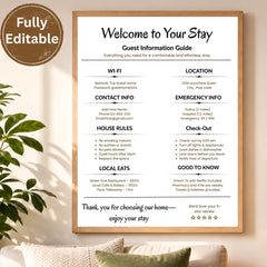 Airbnb Welcome Guide Sign Template | Editable Airbnb House Rules Poster | Short Term Rental WiFi Sign , 5 Sizes