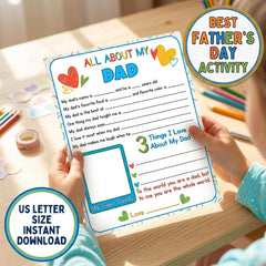 All About My Dad Printable | Fathers Day Questionnaire Card | Dad Gift From Kids