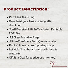 All About My Dad Printable | Father's Day Questionnaire for Kids | Dad Gift From Kids