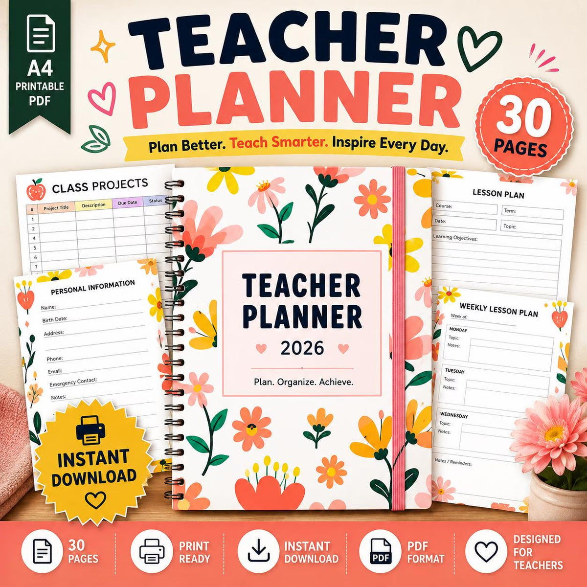 2026 Teacher Planner Printable | Floral Lesson Plans, Attendance  | Printable PDF