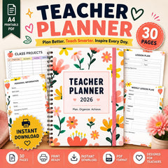 2026 Teacher Planner Printable | Floral Lesson Plans, Attendance  | Printable PDF