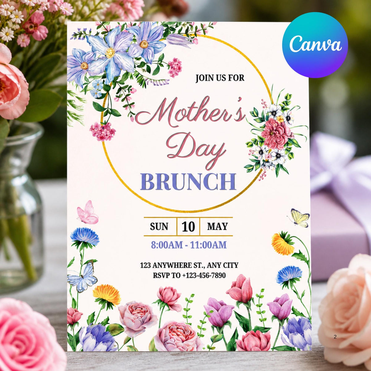 Floral Mother’s Day Brunch Invitation Template | Editable Canva 5x7 Peony Invite