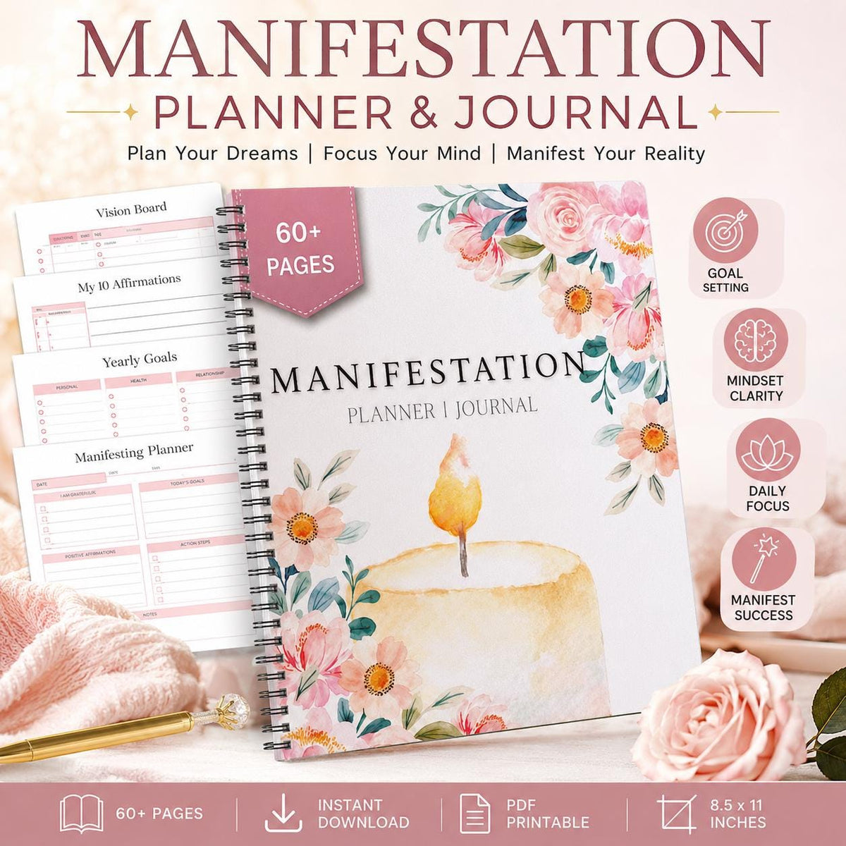 Manifestation Planner | Law of Attraction Workbook | 60-Page Undated PDF