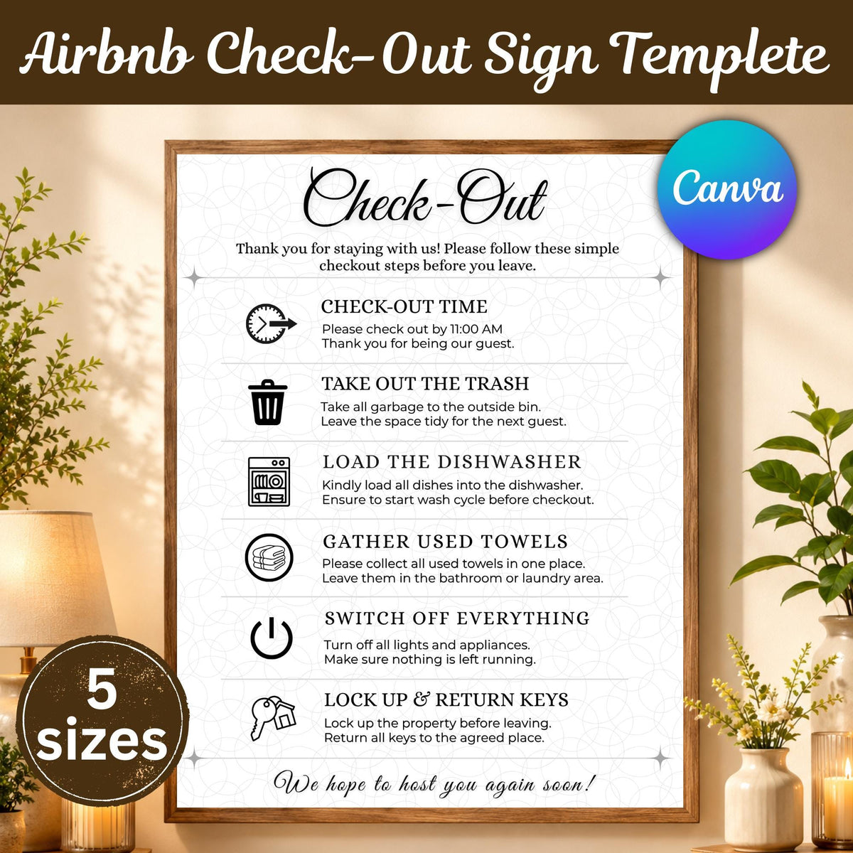 Airbnb Check-Out Sign Template | Editable Canva Vacation Rental Departure Sign | 5 Sizes Printable , Instant Download