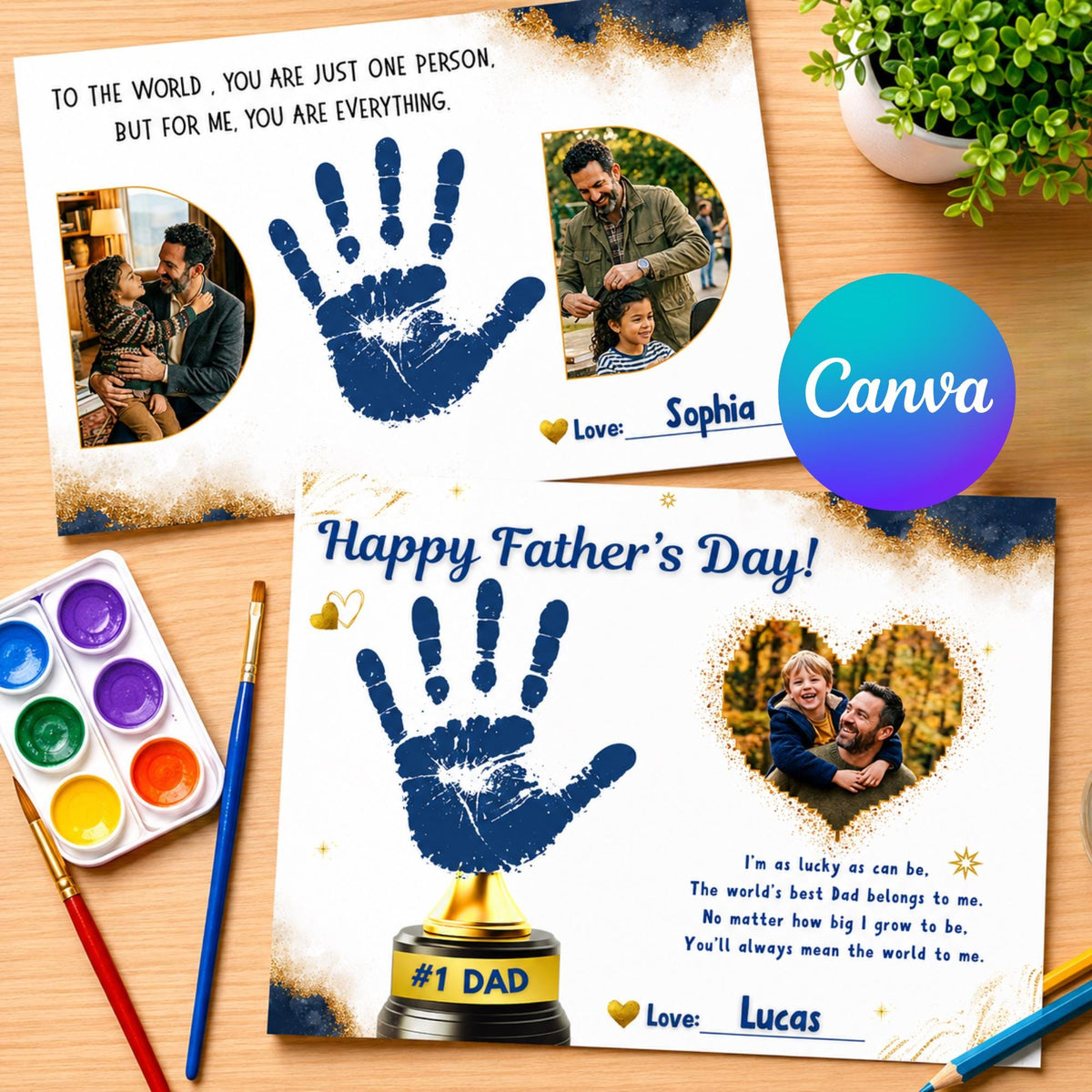 Father's Day Handprint Craft with Photo | Editable Canva Printable, DIY Dad Gift from
