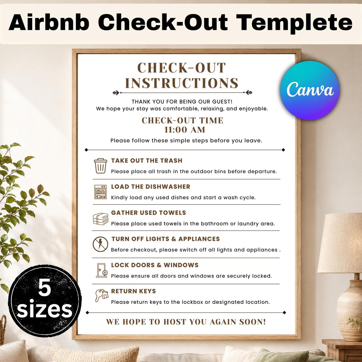 Airbnb Check-Out Sign Template | Editable Canva Printable | Guest Departure Instructions, VRBO Vacation Rental Sign