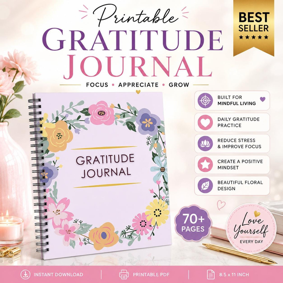Floral Gratitude Journal | Daily Wellness Planner | Printable PDF 8.5x11