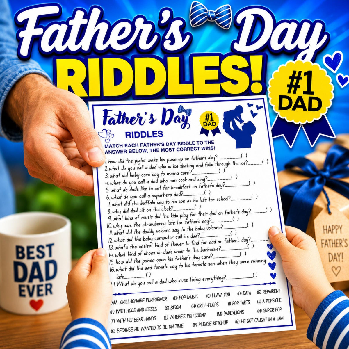 Father’s Day Riddles Game Printable | Dad Jokes Party Activity for Kids & Adults | Fun