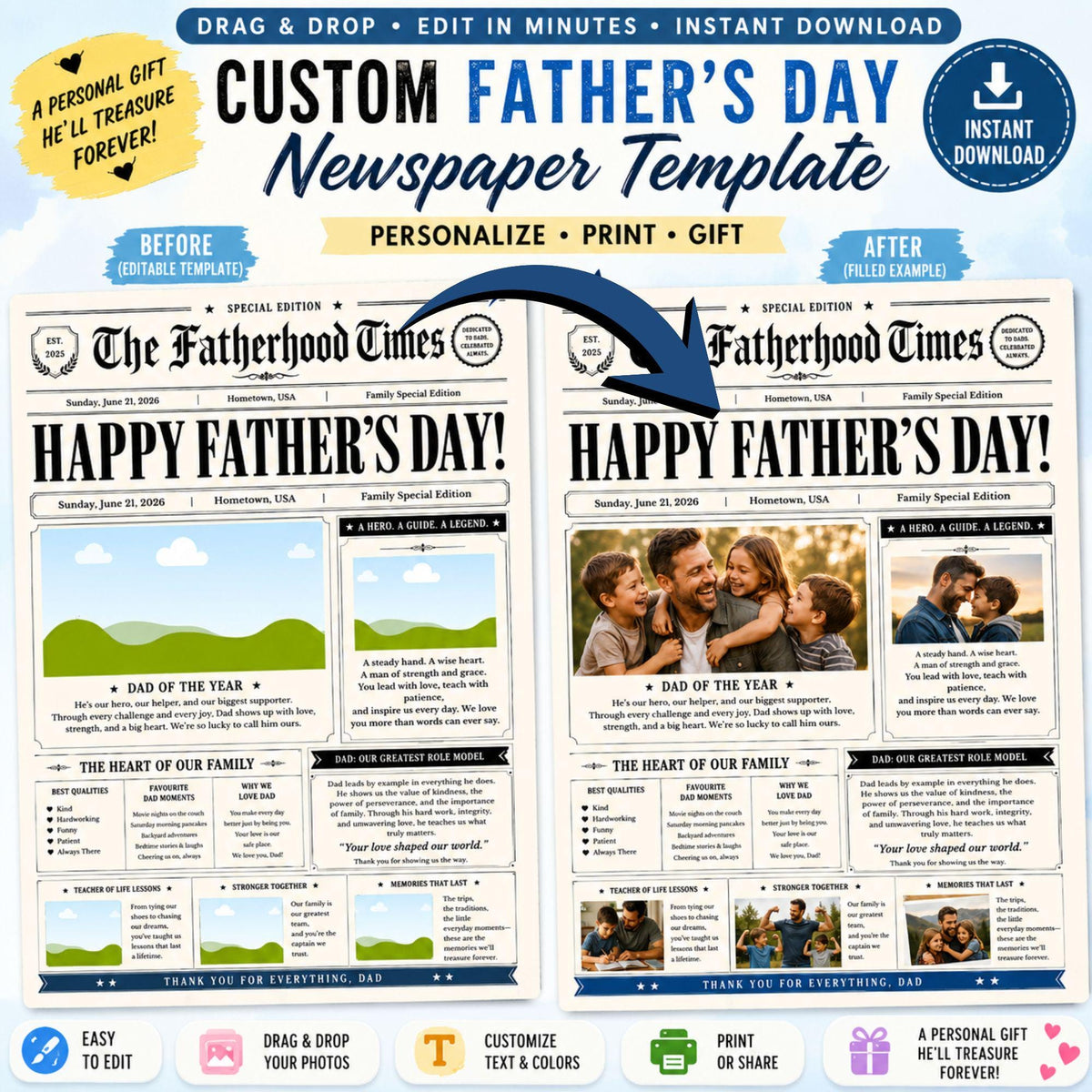 Father’s Day Newspaper Template, Gift for Dad | Personalized Father’s Day, Canva Editable
