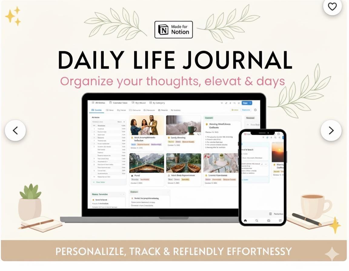 Notion Daily Life Journal | Minimal Goal Tracker (Digital Download)