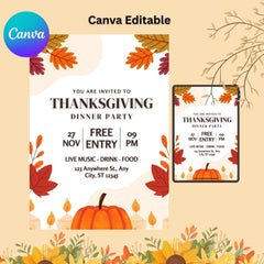 Editable Thanksgiving Dinner Party Invitation | Autumn Leaves Canva Template (Digital Download)