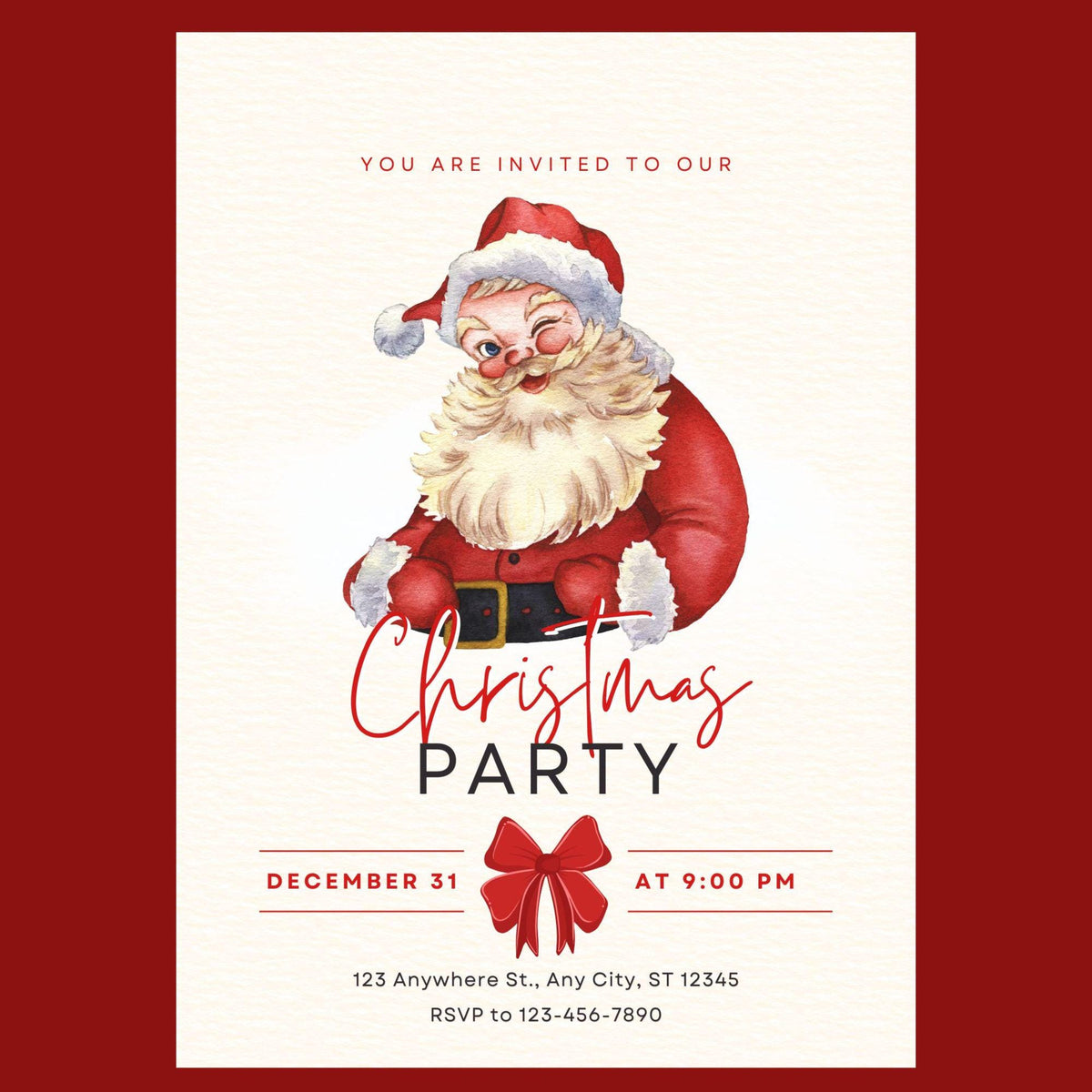 Santa Watercolor Christmas Party Invitation Template (5x7 Inch Digital Download)