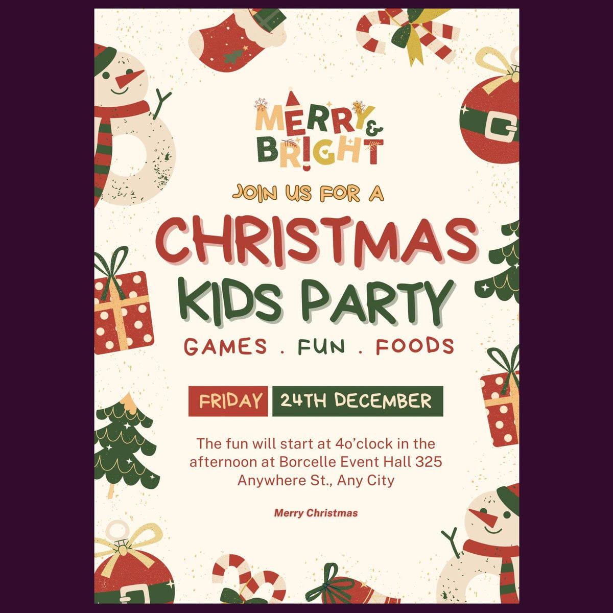 Editable Kids Christmas Party Invitation Template (Digital Download)