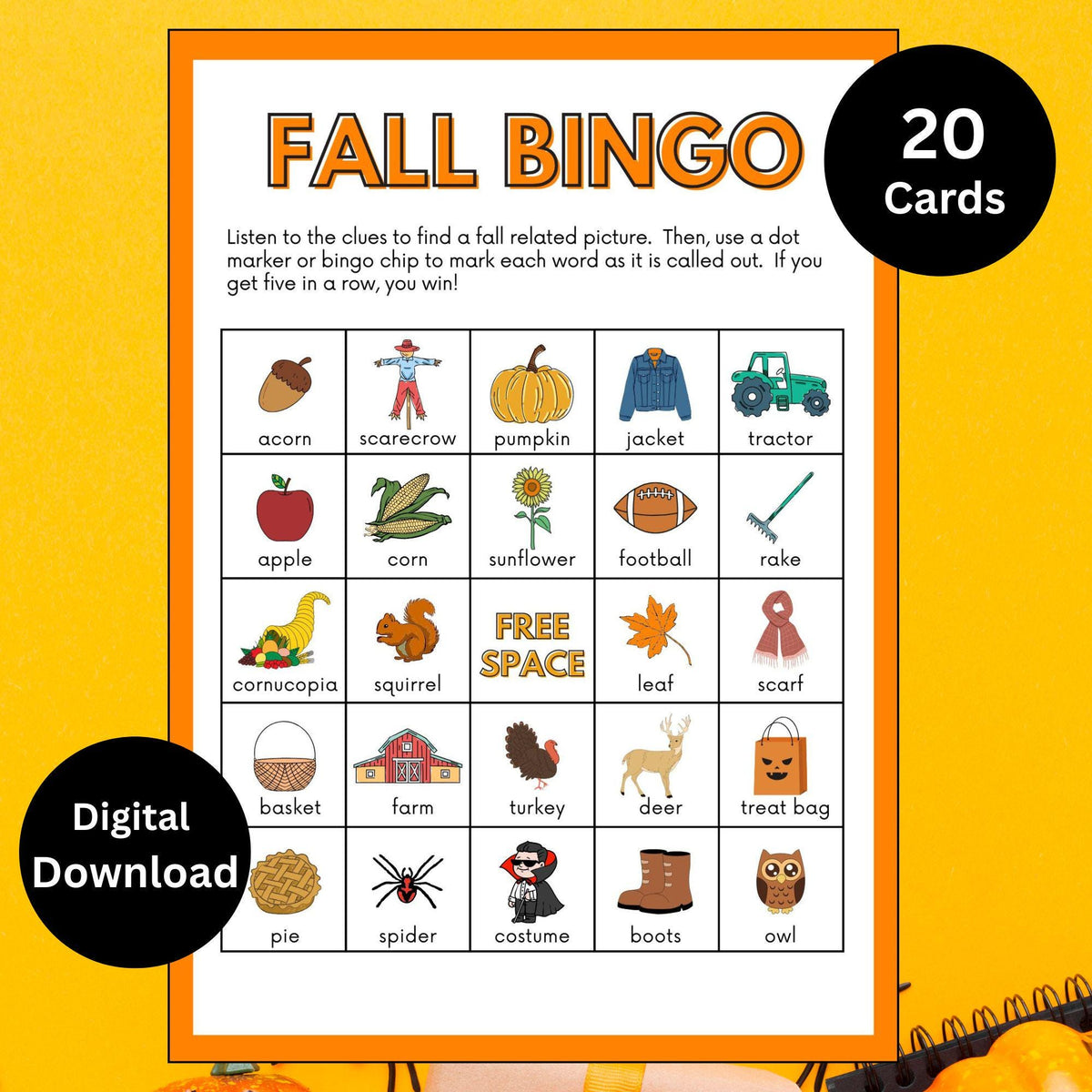 Fall Bingo Printable for Kids | Autumn Party Activity | Thanksgiving Classroom Game | Instant Download