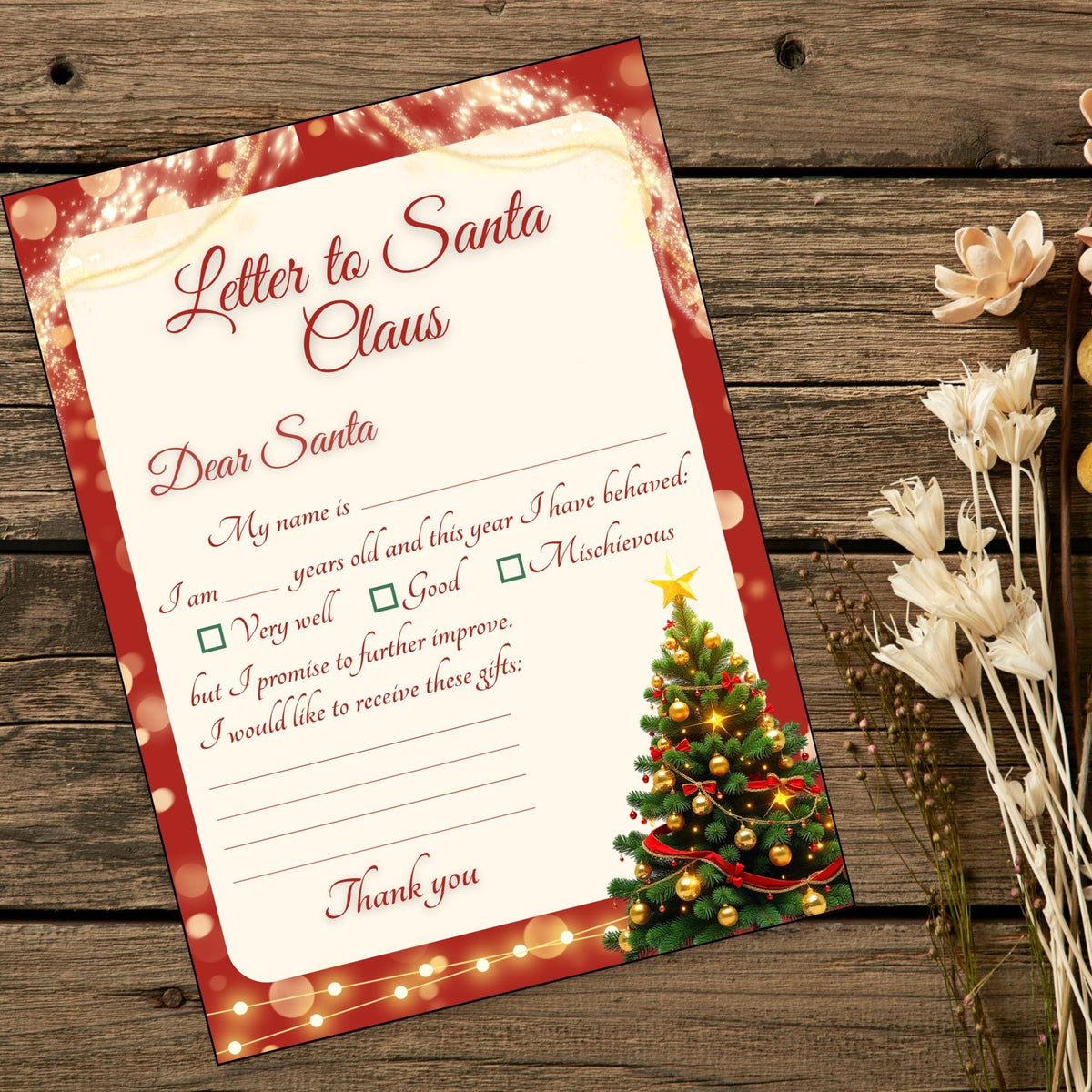 Christmas Letter to Santa Printable, Christmas Wishlist | Kids Holiday Activity Sheet | size 8.5x11 inch