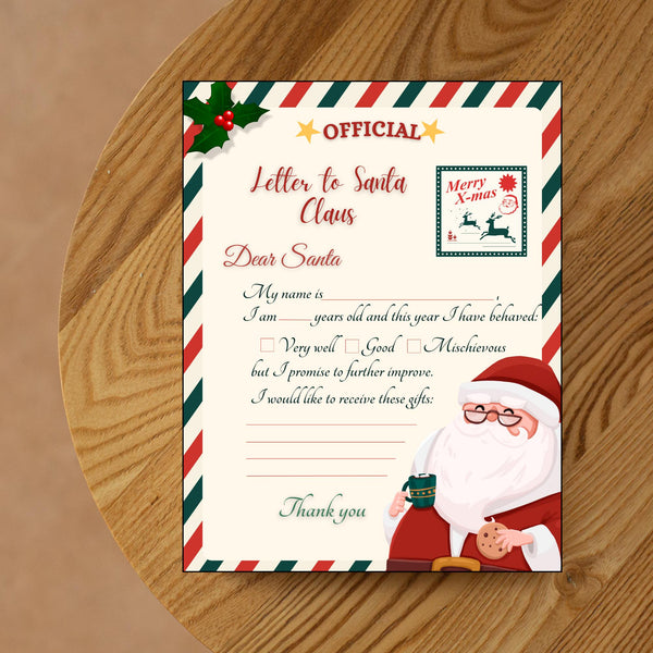 Santa Letter Template for Kids 8.5x11 inch , Christmas Printable PDF